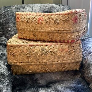 2 Handwoven Natural and Pink Storage Baskets